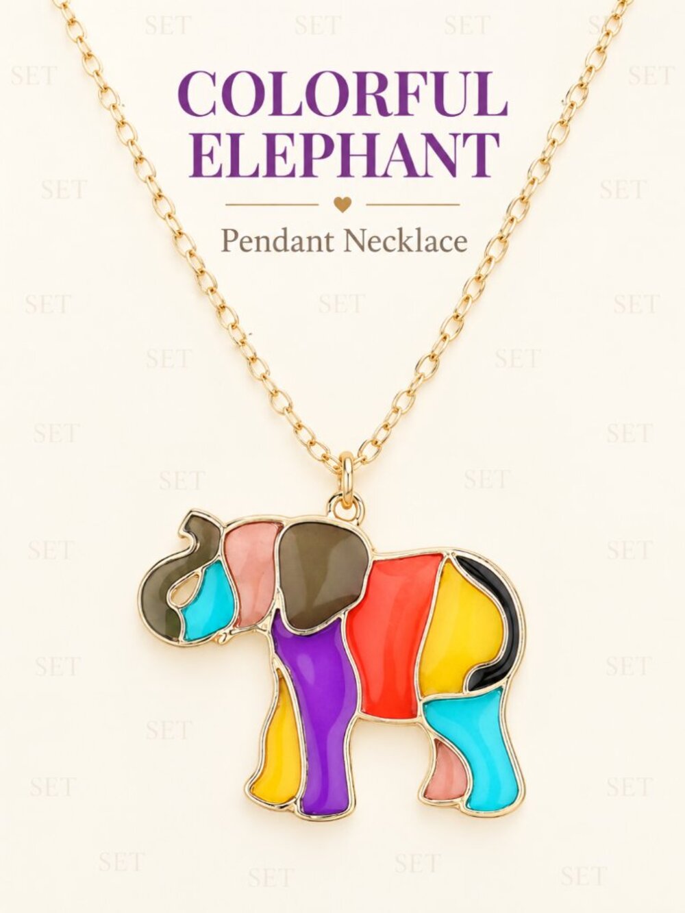 Colorful Elephant Pendant Necklace | Stained Glass Style
